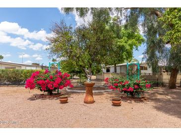 Charming front yard featuring vibrant flowers and decorative accents at 8302 E Dutchman Dr, Mesa, AZ 85208