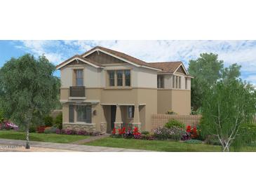 Charming two-story home featuring a stone facade, balcony, manicured landscaping, and a welcoming front porch at 13472 N 157Th Ln, Surprise, AZ 85379