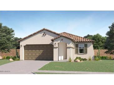 Charming single-story home with a stucco exterior, tile roof, and a two-car garage at 14930 W Buckskin Trl, Surprise, AZ 85387