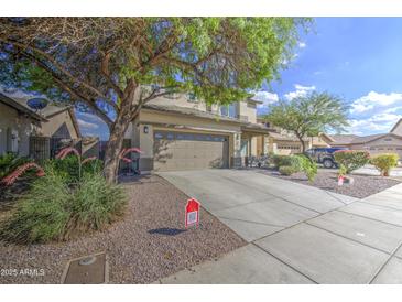 Charming home featuring a spacious driveway and attached two-car garage, accented by a mature shade tree and desert landscaping at 11629 W Washington St, Avondale, AZ 85323