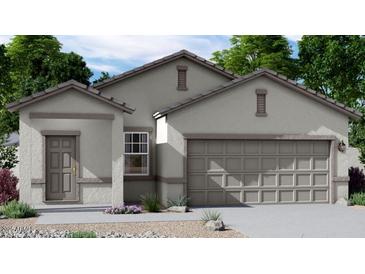 Charming single-story home with a neutral stucco exterior, two-car garage, and manicured landscaping at 5702 E Iris Dr, Florence, AZ 85132
