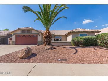 Charming single-story home features desert landscaping, a palm tree, and a red two-car garage at 7526 W Windrose Dr, Peoria, AZ 85381