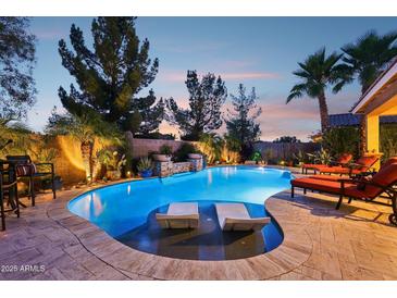 Resort-style pool featuring dual waterfalls, Baja shelf, and mature desert landscaping at 19002 N Arbor Dr, Maricopa, AZ 85138