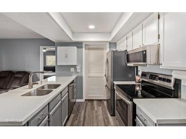 Bright kitchen features stainless steel appliances, gray cabinets and countertops, and wood-look floors at 520 N Stapley Dr # 256, Mesa, AZ 85203