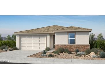 Charming single-story home featuring a two-car garage and complemented by a well-manicured front yard at 25212 N 165Th Ln, Surprise, AZ 85387