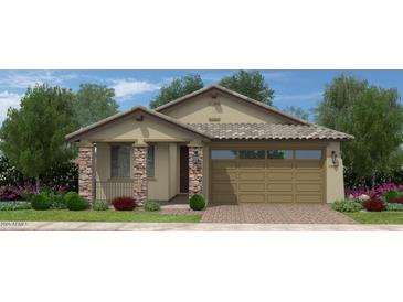 Charming single-story home with a stone-accented facade, two-car garage, and landscaped front yard at 3551 W Mary Dr, San Tan Valley, AZ 85144