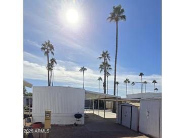 Charming home exterior featuring a carport, palm trees and beautiful Arizona sky at 25 S 102Nd St # 92, Mesa, AZ 85208