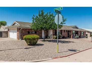 Corner lot single-story brick home featuring desert landscaping with green tree and shrubbery at 6247 E Albany St, Mesa, AZ 85205