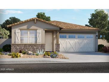 Charming single-story home with a two-car garage, stone accents, neutral colors, and desert landscaping at 37168 W Prado St, Maricopa, AZ 85138