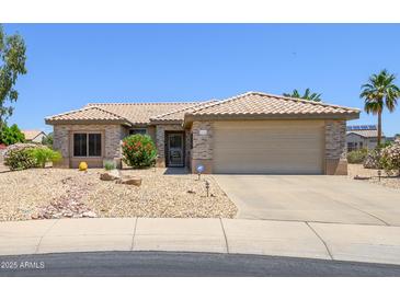 Charming single-story home featuring a desert landscape, beige exterior paint, and a two-car garage at 15658 W Arbor Trl, Surprise, AZ 85374