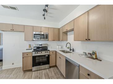 Modern kitchen featuring stainless steel appliances, light wood cabinets, and sleek white countertops at 2130 W Cindy St, Chandler, AZ 85224