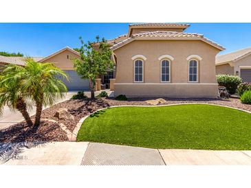 Well-manicured front yard featuring green lawn, rock landscaping, and a mature palm tree for added curb appeal at 2759 E Balsam Dr, Chandler, AZ 85286