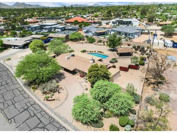 Expansive desert property featuring a pool, covered patio, mature trees, and circular driveway at 12212 N 66Th St, Scottsdale, AZ 85254