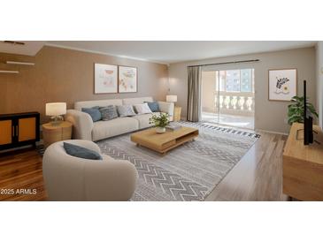 Bright living room featuring a modern design, neutral tones, stylish decor, and access to the balcony at 7970 E Camelback Rd # 101, Scottsdale, AZ 85251