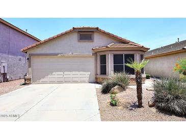 Charming single-story home with a well-manicured lawn and a two-car garage at 42382 W Hillman Dr, Maricopa, AZ 85138
