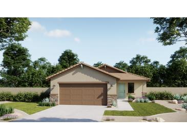 Charming single-story home with a two-car garage, lush landscaping, and inviting curb appeal at 32002 N Pony Express Rd, San Tan Valley, AZ 85143