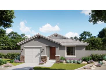 Charming single-story home with stone accents, attached garage, and beautifully landscaped front yard at 32016 N Pony Express Rd, San Tan Valley, AZ 85143