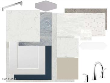Selection of kitchen and bath materials showing tile, counter tops, fixtures, and cabinetry at 21963 E Sunset Dr, Queen Creek, AZ 85142
