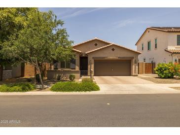 Charming single-story home with a well-maintained lawn, desert landscaping, and a two-car garage in a suburban neighborhood at 20904 E Swan Dr, Queen Creek, AZ 85142