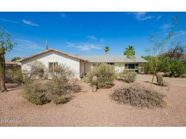 Single-story home with xeriscaped front yard and desert landscaping under a blue sky at 1845 N 64Th St, Scottsdale, AZ 85257