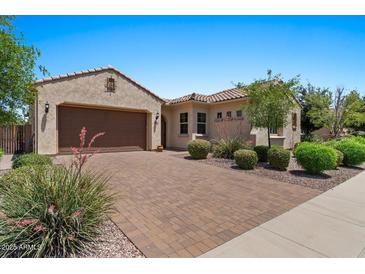 Inviting single-story home with a two-car garage and manicured landscaping at 10914 E Tarragon Ave, Mesa, AZ 85212