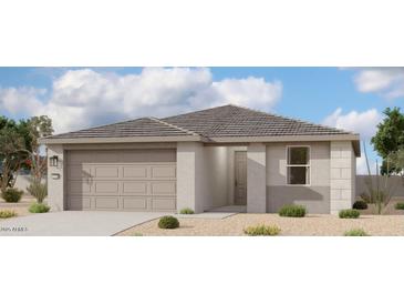 Charming single-story home with a neutral color palette, two-car garage, and manicured landscaping under a partly cloudy sky at 3334 E Valleyhigh Trl, San Tan Valley, AZ 85143