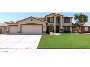 Charming two-story home featuring a well-manicured lawn and a spacious three-car garage at 1125 E San Carlos Way, Chandler, AZ 85249