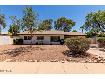 Lovely single-story home with desert landscaping, shrubs and mature trees in the front yard at 3021 E Windrose Dr, Phoenix, AZ 85032