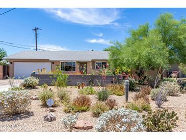 Charming single-story home featuring a desert landscape, flowering plants, and an eye-catching exterior at 6749 E Lewis Ave, Scottsdale, AZ 85257