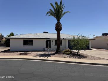 Charming single-story home featuring a well-manicured yard and a desert landscaped front yard at 4347 E Catalina Cir, Mesa, AZ 85206