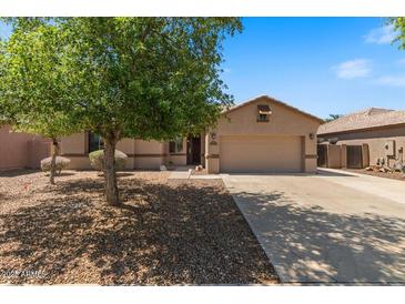 Inviting single-story home with a well-maintained lawn, mature shade tree, and an attached two-car garage at 1321 E Monteleone St, San Tan Valley, AZ 85140