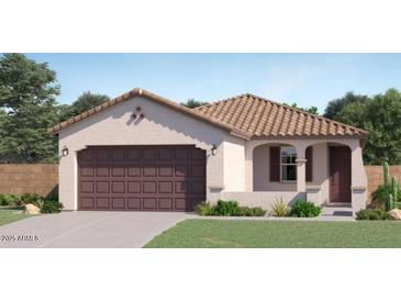 Charming single-Gathering home boasts a terracotta roof, two-car garage, and manicured landscaping at 24971 N 167Th Dr, Surprise, AZ 85387