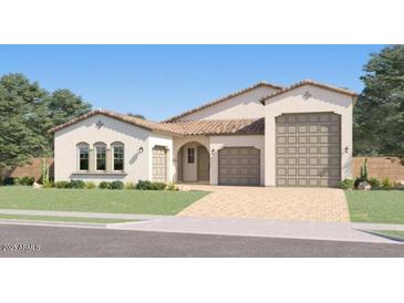 Charming single-story home with a stucco exterior, tile roof, and a two-car garage at 25233 N 177Th Dr, Surprise, AZ 85387