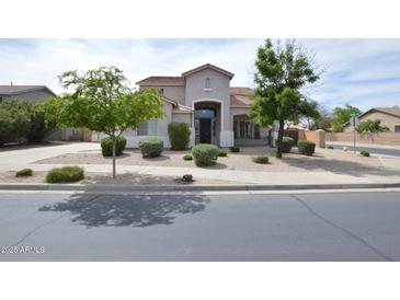 Charming single-story home showcasing a low-maintenance desert landscape, mature trees, and inviting entryway at 20258 S 196Th St, Queen Creek, AZ 85142