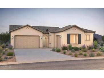 Inviting single-story home boasting a three-car garage, neutral stucco, and desert landscaping at 18158 E Colt Dr, Queen Creek, AZ 85142