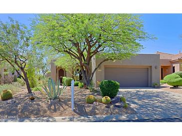 Charming desert home with mature trees, cacti, and low-maintenance landscaping at 32710 N 71St St, Scottsdale, AZ 85266