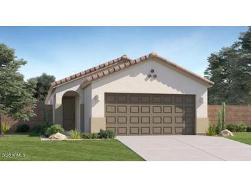 Inviting single-story home with a two-car garage and a neatly landscaped front yard at 12469 E Verbina Ln, Florence, AZ 85132