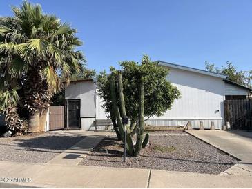 Charming single-story home featuring xeriscaping, a mature palm, and attractive desert landscaping at 2731 E Bramble Ave, Mesa, AZ 85204