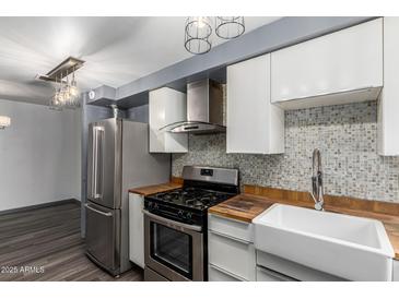 Modern kitchen featuring stainless steel appliances, wood countertops, and a stylish mosaic tile backsplash at 2941 N 19Th Ave # 95, Phoenix, AZ 85015
