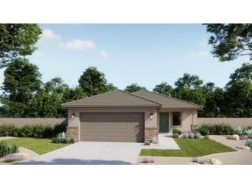 Charming single-story home featuring a two-car garage, desert landscaping, and a covered entryway at 32282 N Pony Express Rd, San Tan Valley, AZ 85143