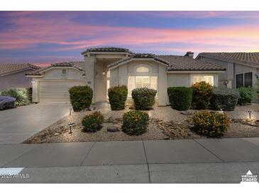 Charming single-story home with a well-manicured front yard and desert landscaping at sunset at 19102 N 91St St, Scottsdale, AZ 85255
