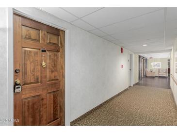 Hallway featuring patterned carpet and wooden door with brass accents at 10330 W Thunderbird Blvd # C109, Sun City, AZ 85351