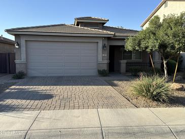 Charming single-story home with a well-manicured front yard and a two-car garage at 330 W Evergreen Pear Ave, Queen Creek, AZ 85140