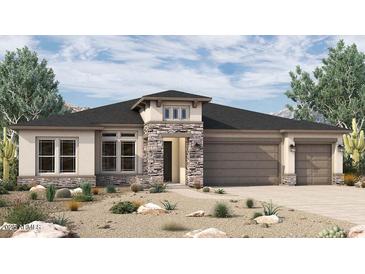 Charming single-story home featuring stone accents, desert landscaping, and a three-car garage at 6848 N 190Th Ave, Waddell, AZ 85355