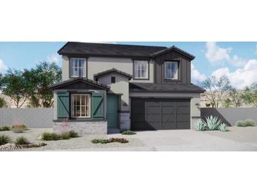 Two-story home boasts a charming facade with gray siding, a two-car garage, and well-kept landscaping at 526 N 89Th St, Mesa, AZ 85207