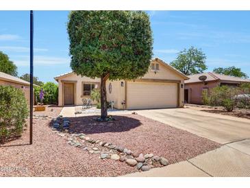 Charming single-story home featuring a well-manicured front yard with mature landscaping and a two-car garage at 15505 N 135Th Dr, Surprise, AZ 85374
