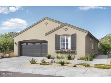 Charming single-story home with a two-car garage, neutral stucco, and inviting front yard landscaping at 24241 N 144Th Ct, Surprise, AZ 85378