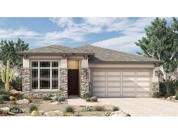 Charming single-Gathering home featuring a stone facade and a two-car garage in a landscaped yard at 26031 S 228Th Pl, Queen Creek, AZ 85142