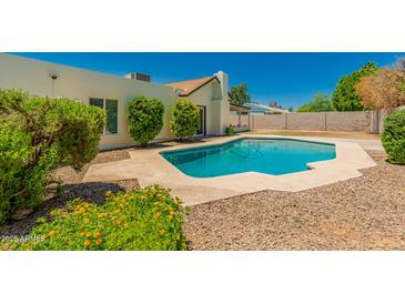 Backyard swimming pool with desert landscaping and small trees in a private backyard at 862 W Javelina Ave, Mesa, AZ 85210
