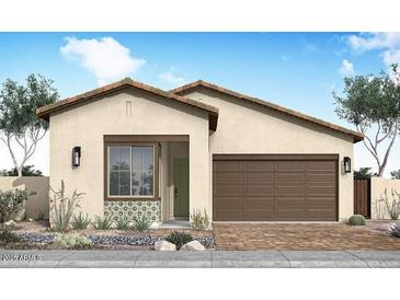 Charming single-story home features a two-car garage, neutral stucco, and tiled roof at 2123 E Mill Rd, San Tan Valley, AZ 85140